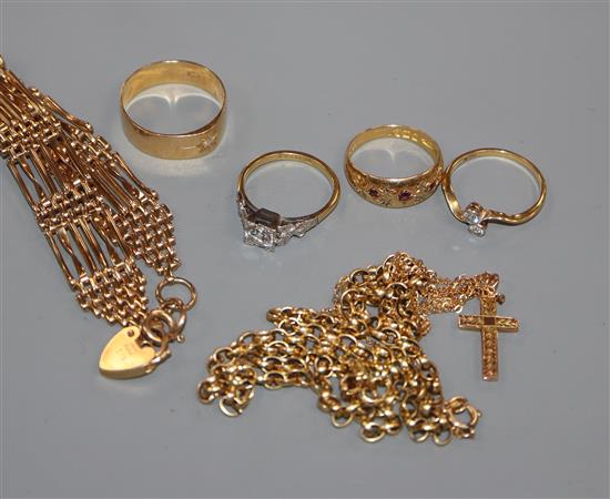 A 375 gatelink bracelet, an 18ct diamond crossover ring, three other 18ct rings ring, two 9ct chains, one with 9ct cross pendant.